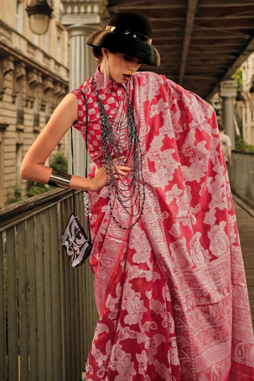 Carrot Red Lucknowi Handloom Weaving Organza Saree for Festival