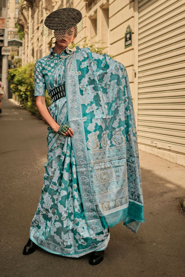 Teal Mint Lucknowi Handloom Weaving Organza Saree for Festival