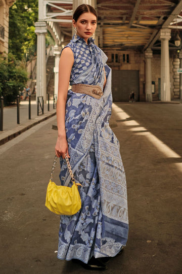 Slate Blue Lucknowi Handloom Weaving Organza Saree for Festival