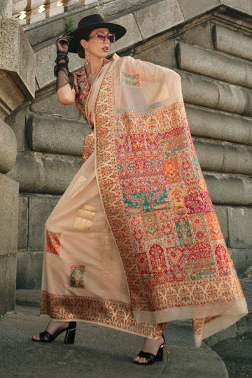 Beige Kashmiri Handloom Woven Festival Wear Saree