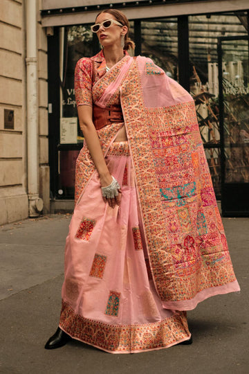 Peach Kashmiri Handloom Woven Festival Wear Saree