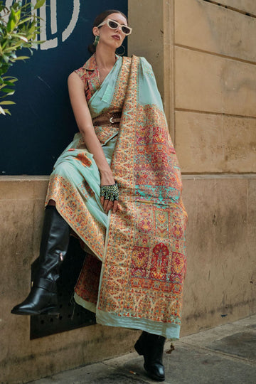 Mint Blue Kashmiri Handloom Woven Festival Wear Saree