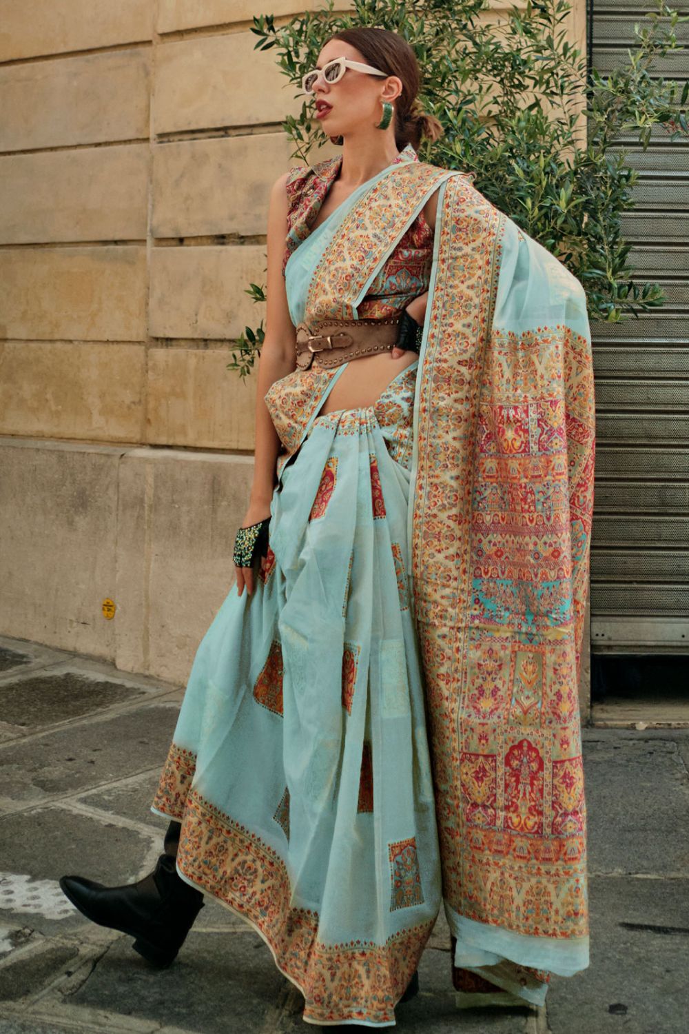 Mint Blue Kashmiri Handloom Woven Festival Wear Saree