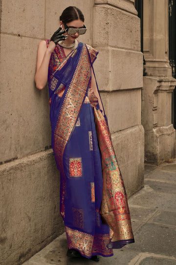 Royal Blue Kashmiri Handloom Woven Festival Wear Saree