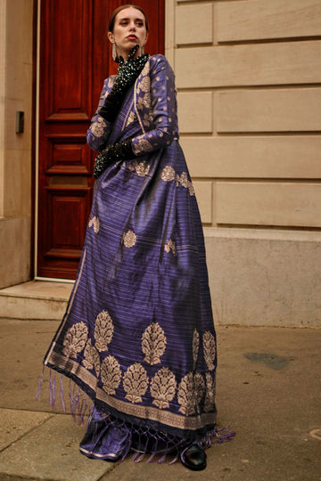 Eggplant Zari Woven Satin Party Wear Saree