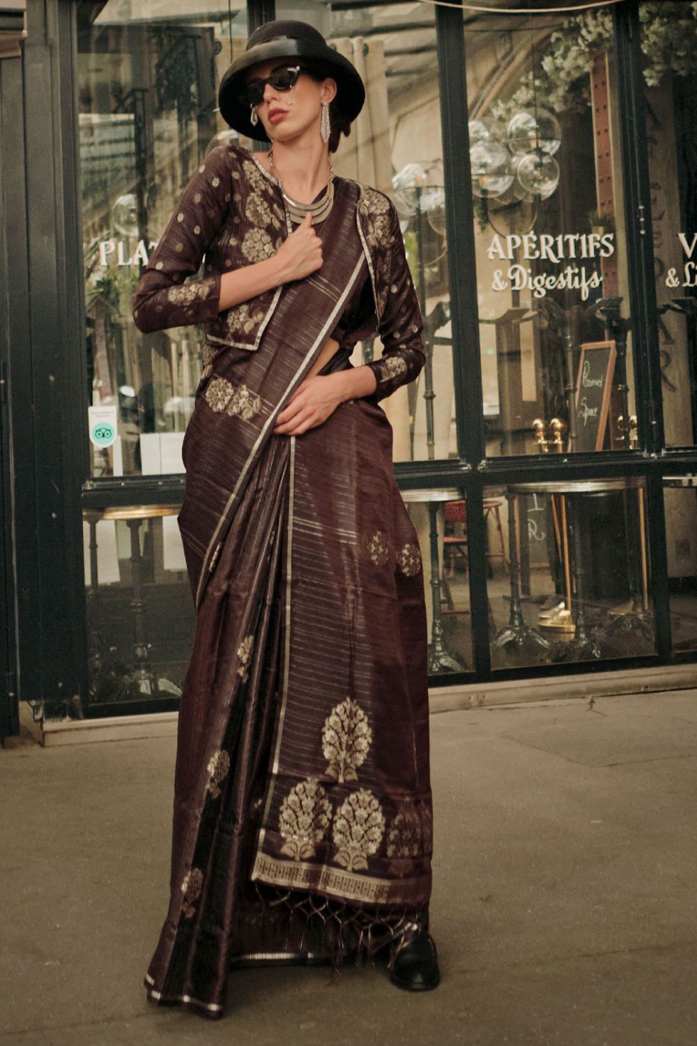 Coffee Brown Zari Woven Satin Party Wear Saree