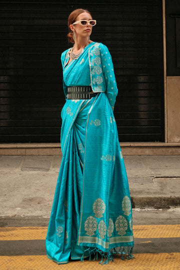 Azure Blue Zari Woven Satin Party Wear Saree