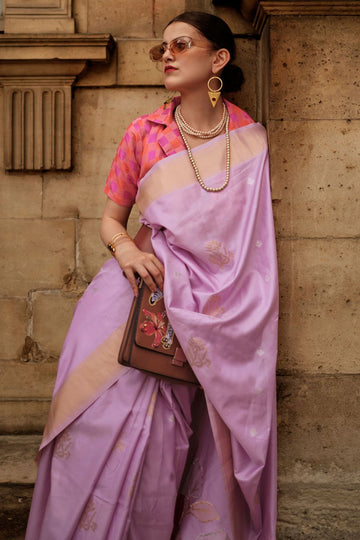 Lavender Soft Silk Handloom Woven Saree for Festival