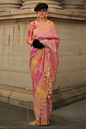 Peach Soft Silk Handloom Woven Saree for Festival