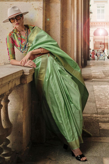 Parrot Green Soft Silk Handloom Woven Saree for Festival