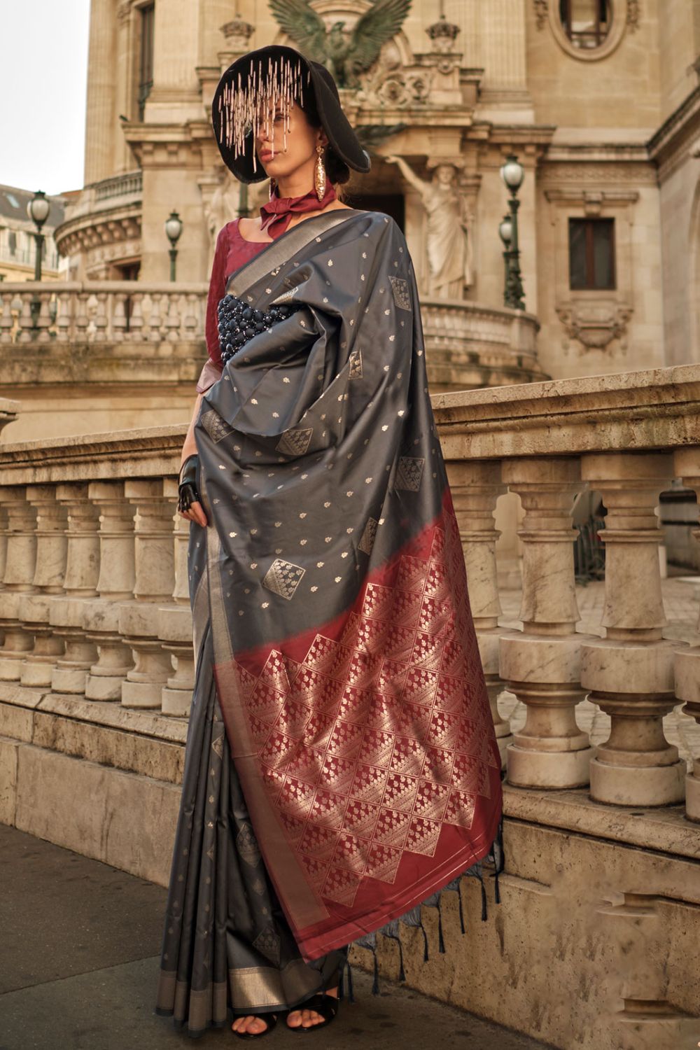 Grey Silk Woven Party Wear Saree