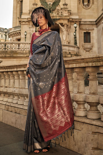 Grey Silk Woven Party Wear Saree