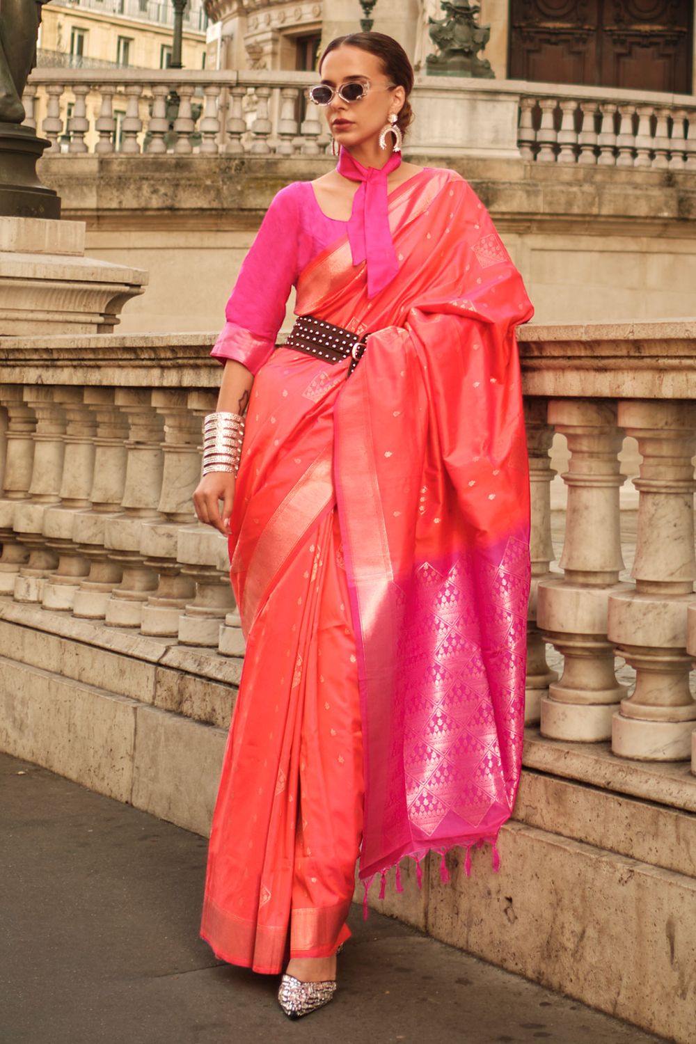 Coral Orange Silk Woven Party Wear Saree