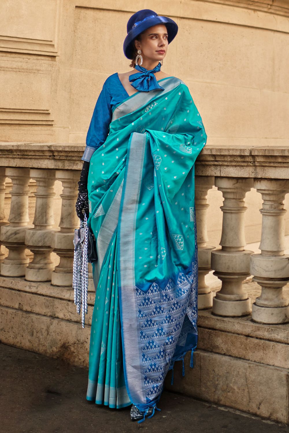 Turquoise Silk Woven Party Wear Saree