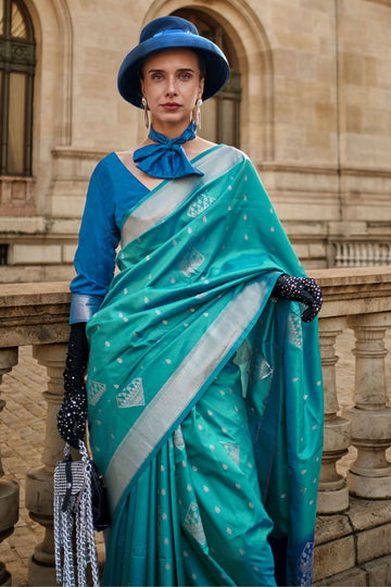 Turquoise Silk Woven Party Wear Saree