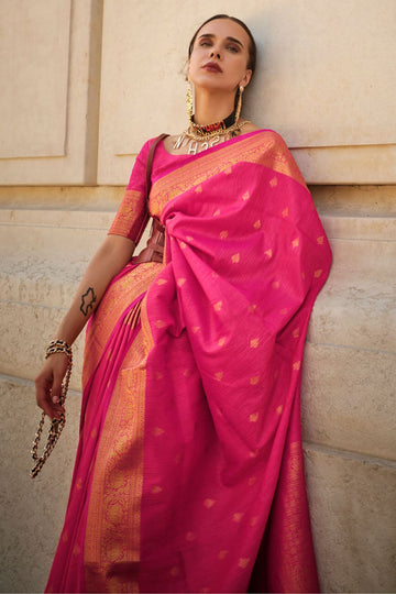 Rani Pink Handloom Spun Silk Woven Saree for Party