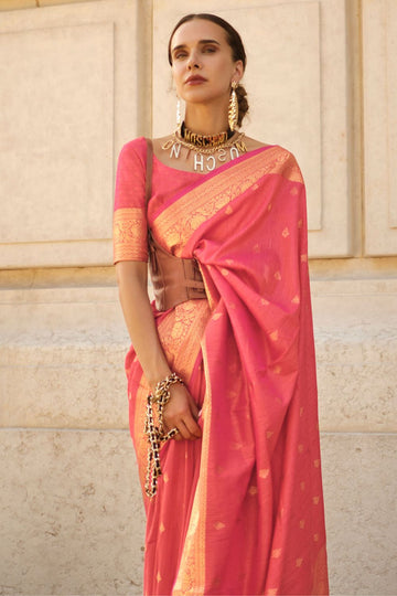 Punch Pink Handloom Spun Silk Woven Saree for Party