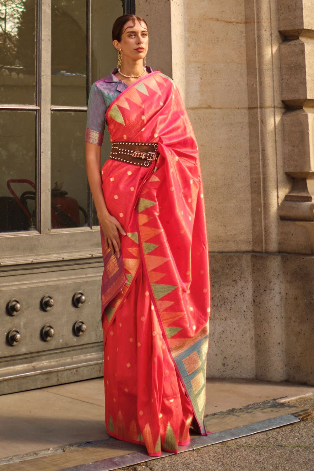 Coral Pink Art Silk Handloom Woven Party Wear Saree