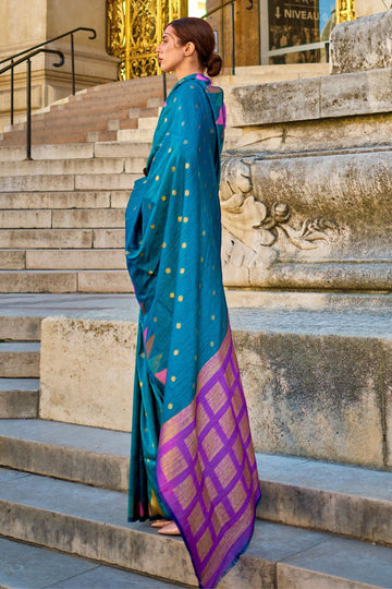 Teal Blue Art Silk Handloom Woven Party Wear Saree