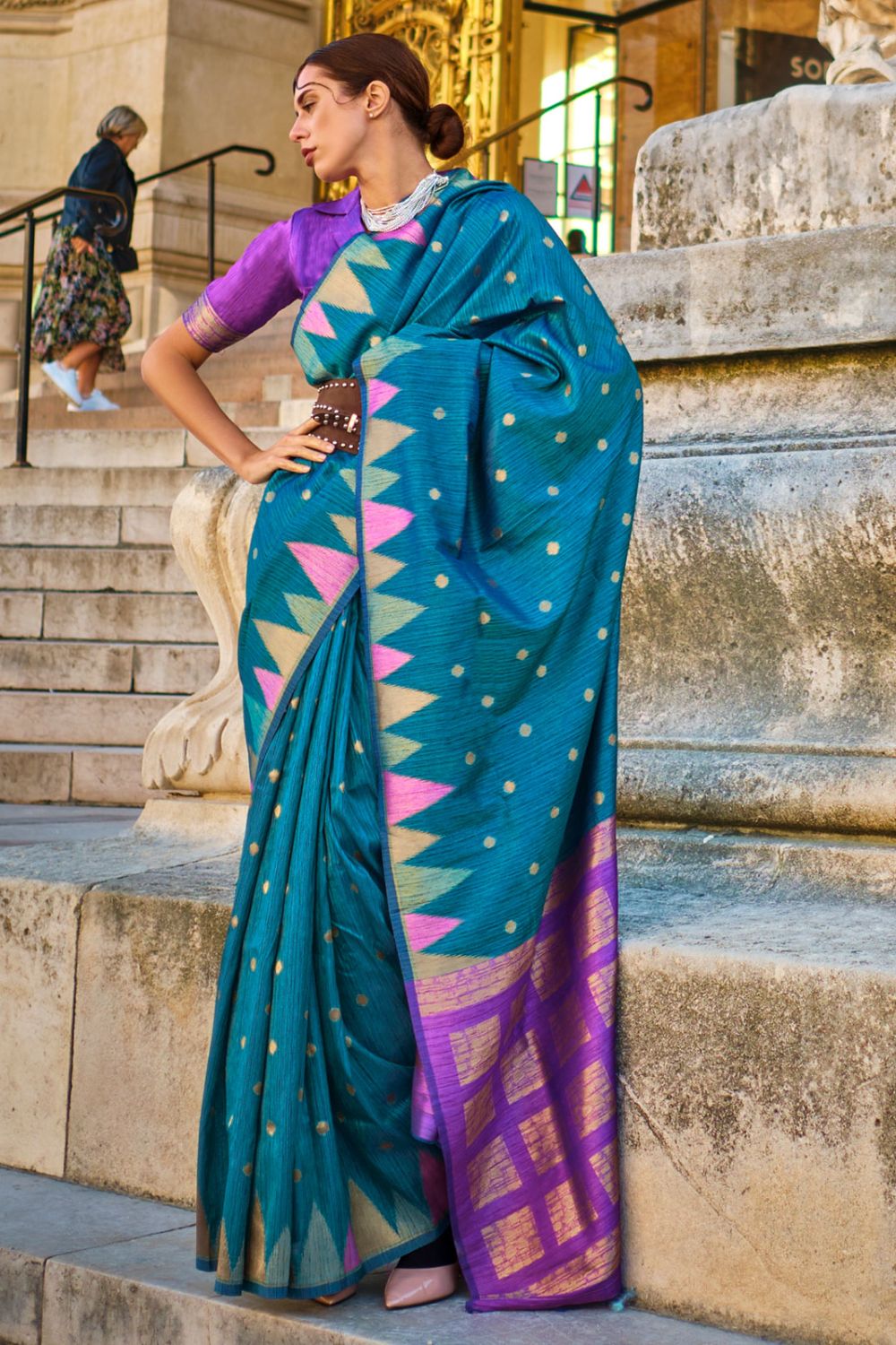 Teal Blue Art Silk Handloom Woven Party Wear Saree