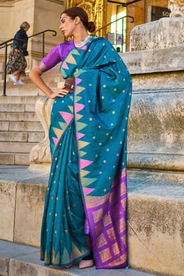 Teal Blue Art Silk Handloom Woven Party Wear Saree