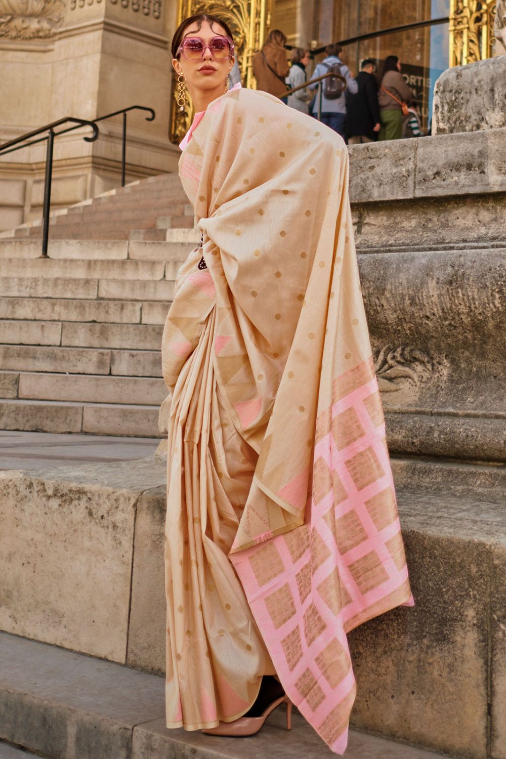 Beige Art Silk Handloom Woven Party Wear Saree