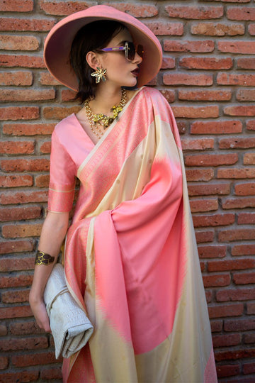 Cream and Cherry Pink Handloom Weaving Silk Saree for Party