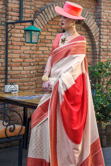 White and Hot Pink Handloom Weaving Silk Saree for Party