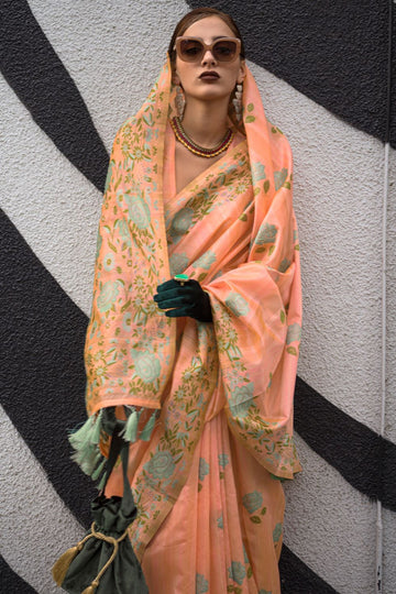 Peach Designer Parsi  Weaving Handloom Silk Saree