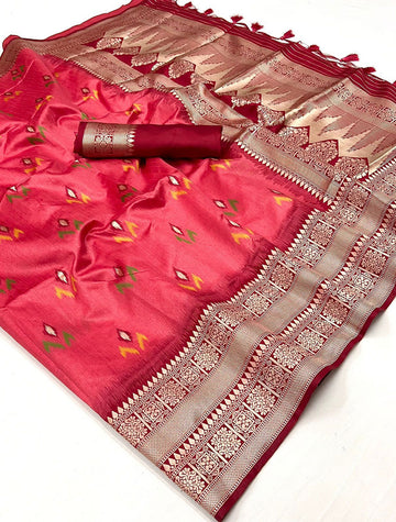 Gajari Pink Hand Woven Contrast Pallu Border Silk Saree for Festival