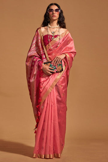 Salmon Pink Handloom Weaving Silk Saree for Party