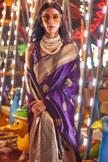 Plum Handloom Weaving Silk Saree for Party