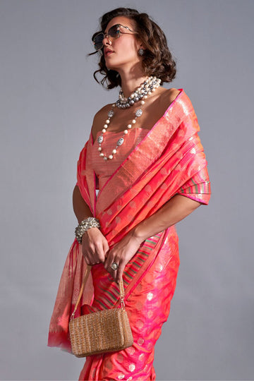 Punch Pink Handloom Weaving Silk Saree for Party