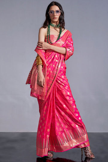 Rani Pink Handloom Weaving Silk Saree for Party