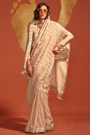 Cream Pure Viscose Handloom Weaving Saree for Festival