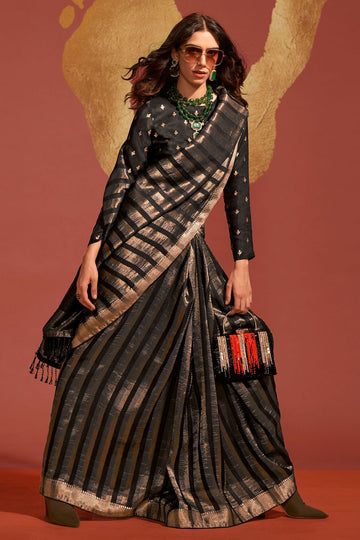 Black Pure Viscose Handloom Weaving Saree for Festival