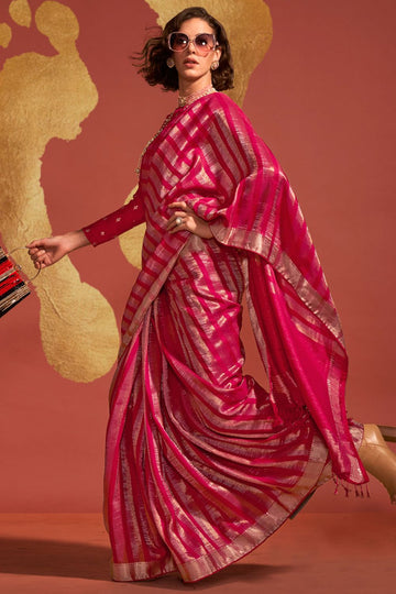 Raspberry Pink Pure Viscose Handloom Weaving Saree for Festival