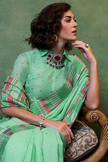 Mint Green Hand Woven Mal Spun Cotton Saree for Party