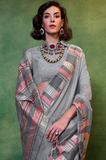 Smoke Grey Hand Woven Mal Spun Cotton Saree for Party