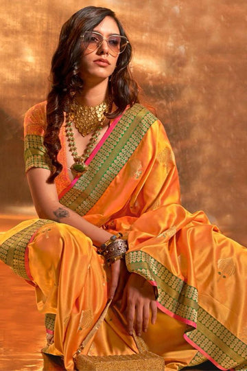 Golden Yellow Pure Satin Chaap Handloom Silk Saree for Party