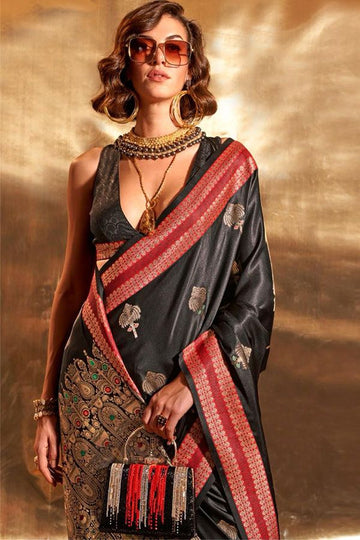 Black Pure Satin Chaap Handloom Silk Saree for Party