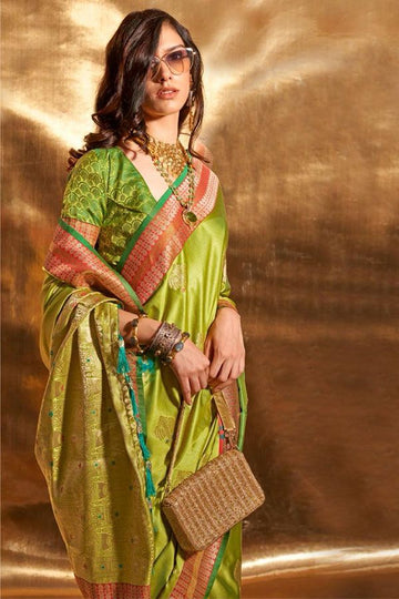 Lime Green Pure Satin Chaap Handloom Silk Saree for Party