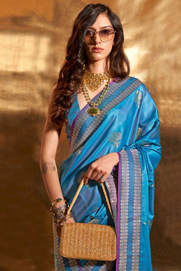 Azure Blue Pure Satin Chaap Handloom Silk Saree for Party