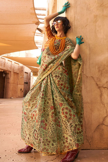 Pistachio Green Handwoven Zari Tissue Saree for Party