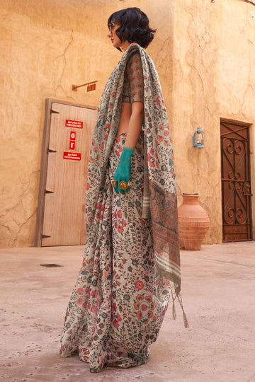 Ash Grey Handwoven Zari Tissue Saree for Party