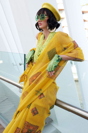 Lemon Yellow Printed Zari Tissue Saree for Party