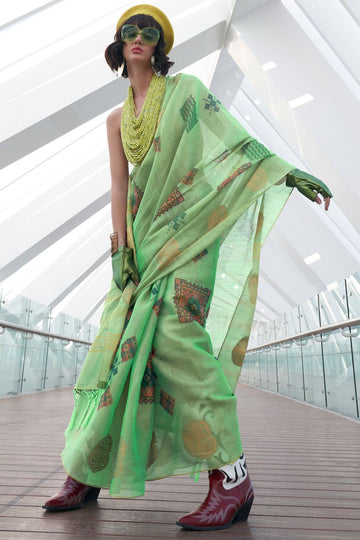 Pistachio Green Printed Zari Tissue Saree for Party