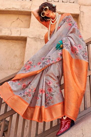 Dusty Grey Handlooom Georgette Saree for Ceremonial