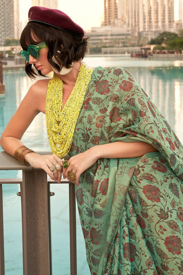 Mint Green Hand Woven Zari Tissue Festival Wear Saree