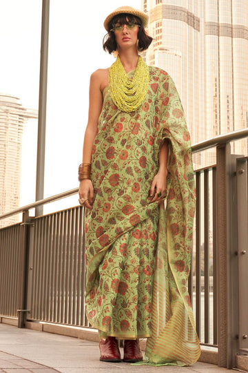 Pistachio Green Hand Woven Zari Tissue Festival Wear Saree